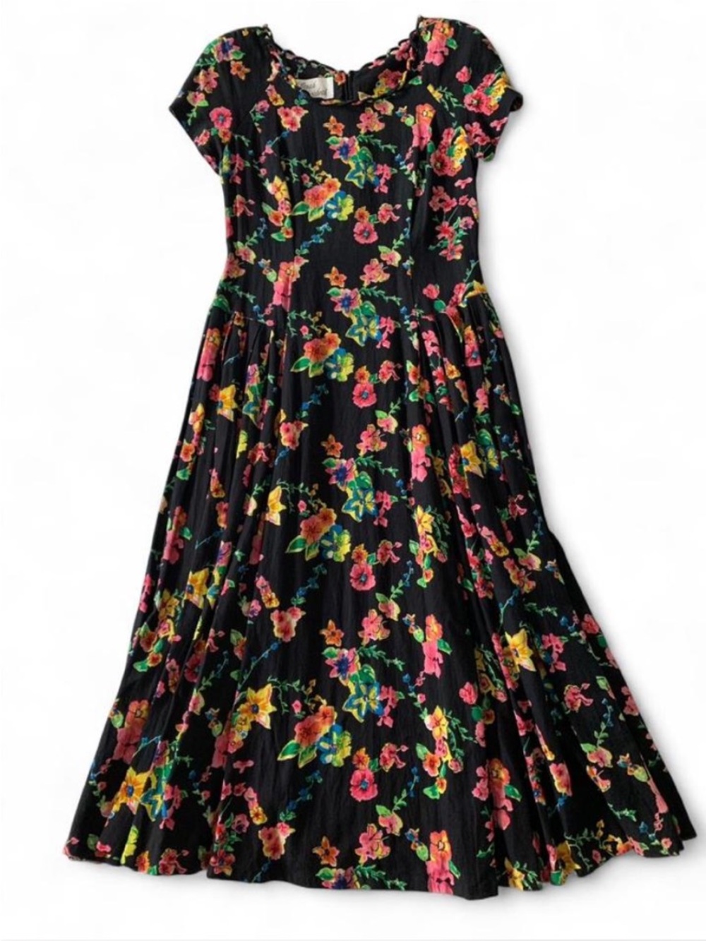 Vintage Sarah Elizabeth Drop Waist Midi Dress Linen Blend Multicolor Floral